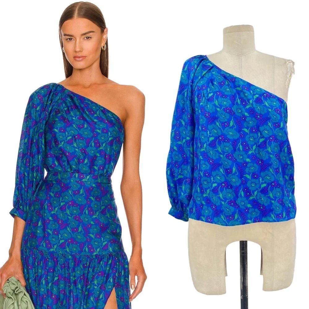 Veronica Beard Lyric Floral-print One-shoulder Blouse In Blue‎ Floral Size 6